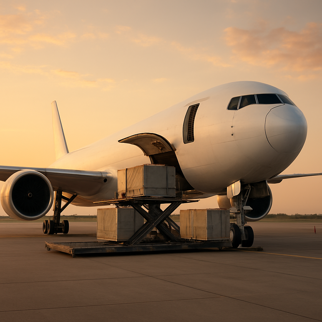 Cargo freighter airplane being loaded with containers on the tarmac